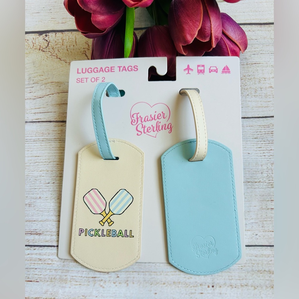Frasier Sterling Light Blue Cream Pickleball Travel Luggage Suitcase Tag 2pc NWT